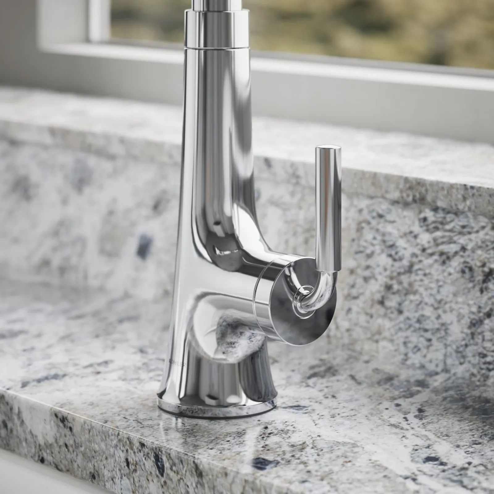Pull-down kitchen sink faucet with three-function sprayhead^Kohler Hot