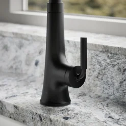 Pull-down kitchen sink faucet with three-function sprayhead^Kohler Hot