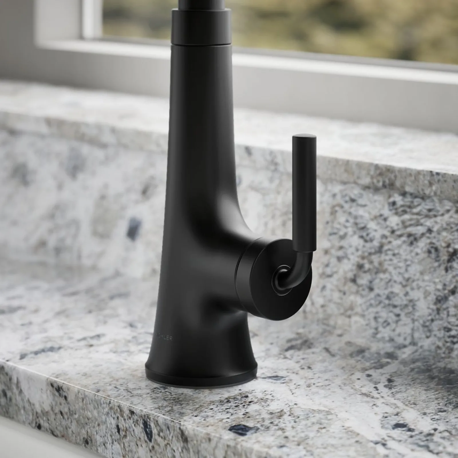 Pull-down kitchen sink faucet with three-function sprayhead^Kohler Hot