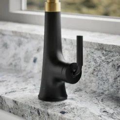 Pull-down kitchen sink faucet with three-function sprayhead^Kohler Hot