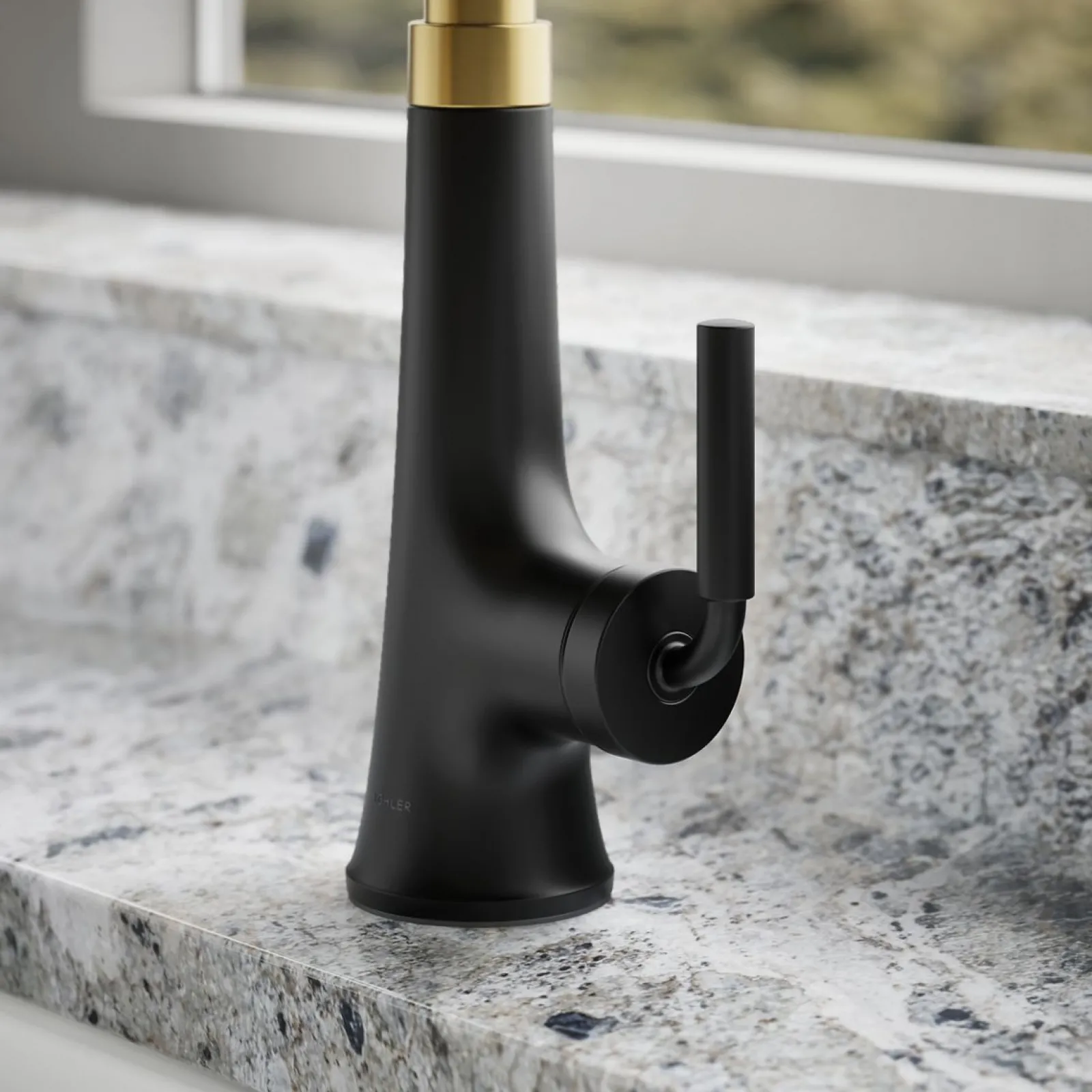 Pull-down kitchen sink faucet with three-function sprayhead^Kohler Hot