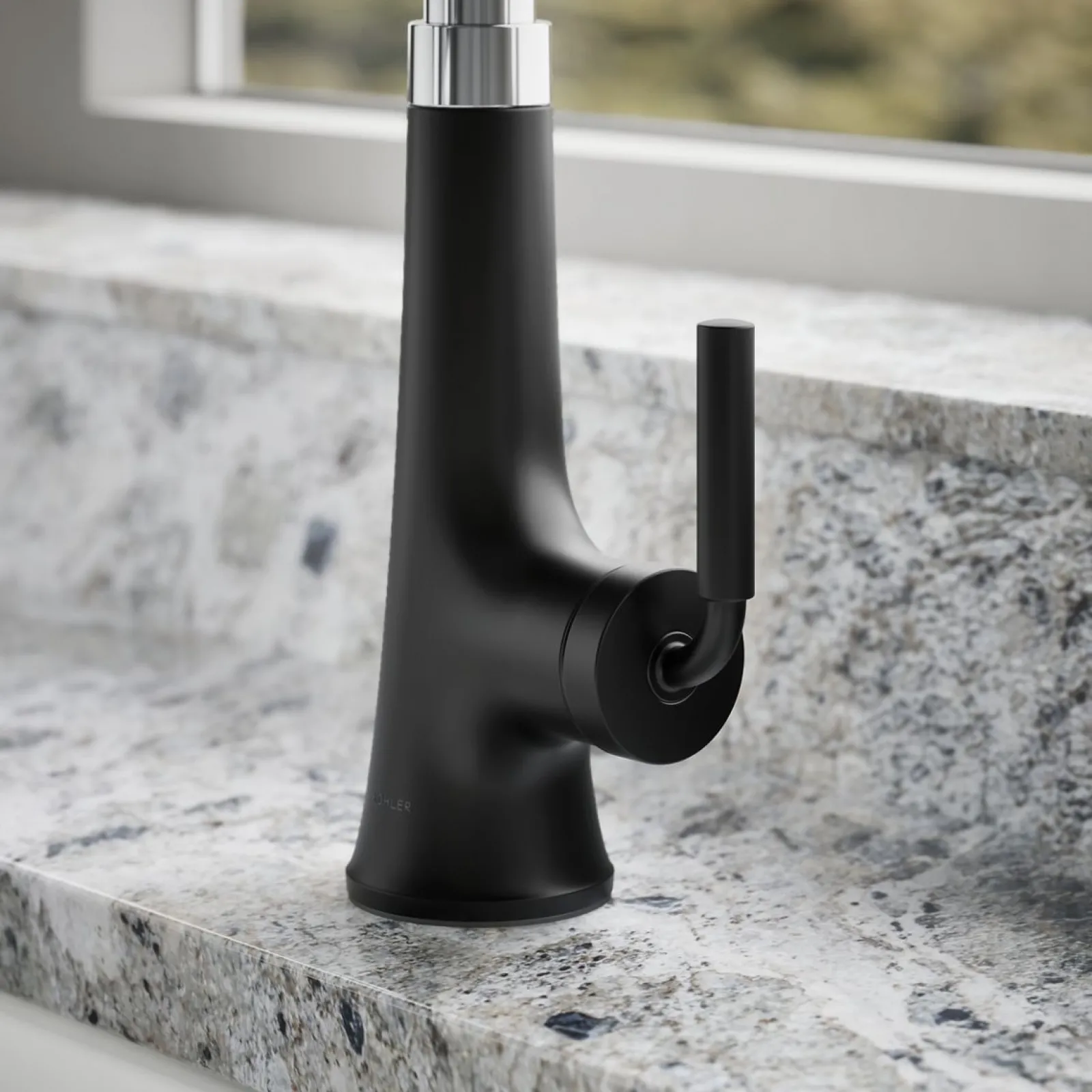 Pull-down kitchen sink faucet with three-function sprayhead^Kohler Hot