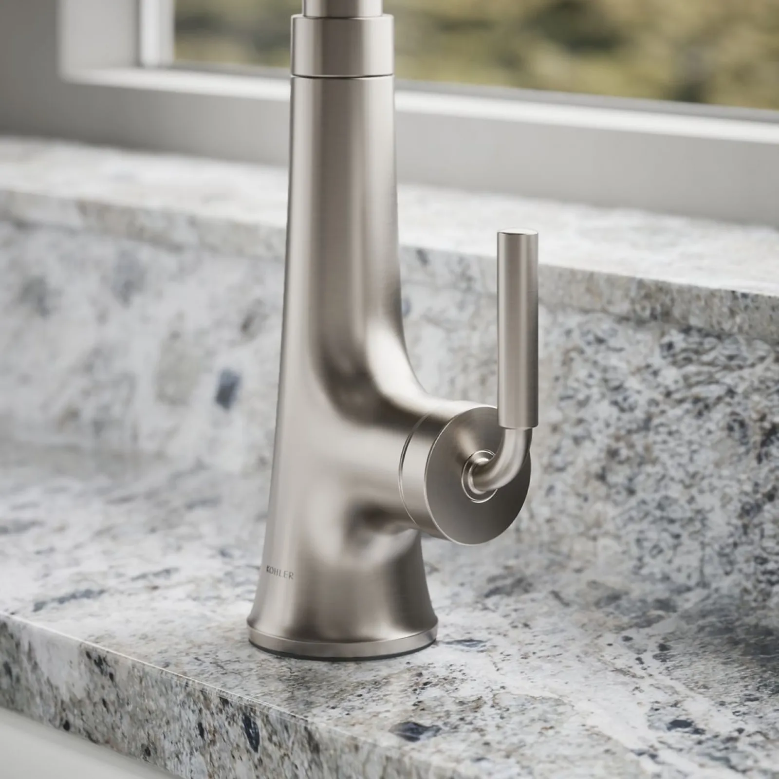 Pull-down kitchen sink faucet with three-function sprayhead^Kohler Hot