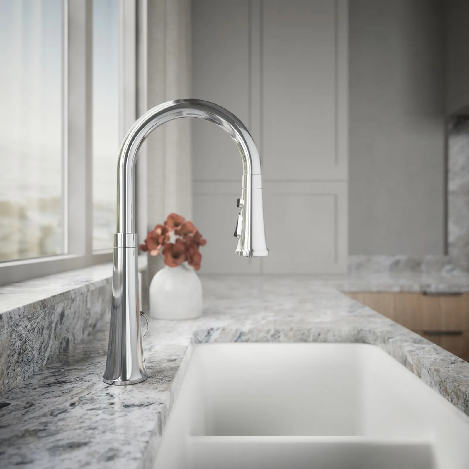 Pull-down kitchen sink faucet with three-function sprayhead^Kohler Hot