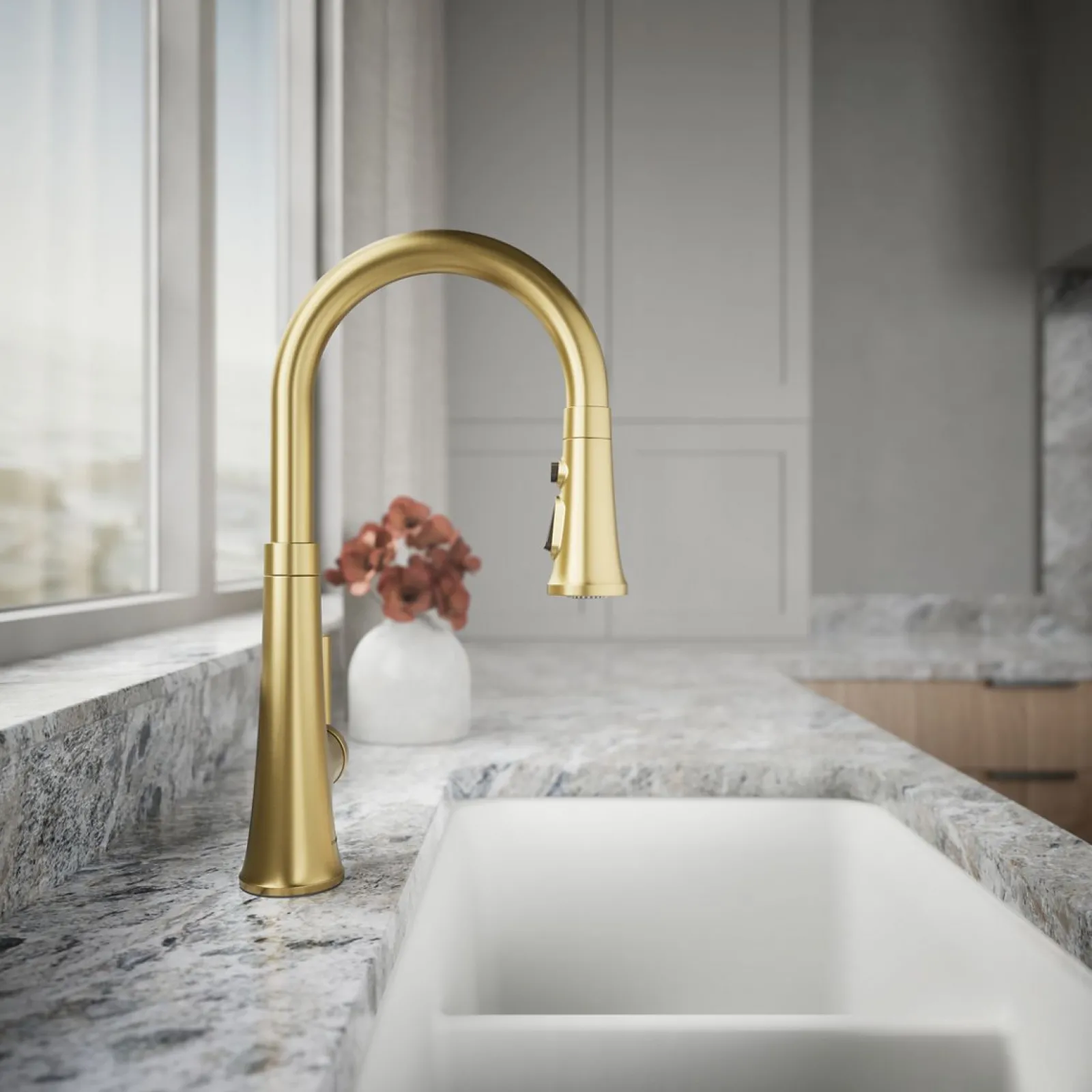Pull-down kitchen sink faucet with three-function sprayhead^Kohler Hot
