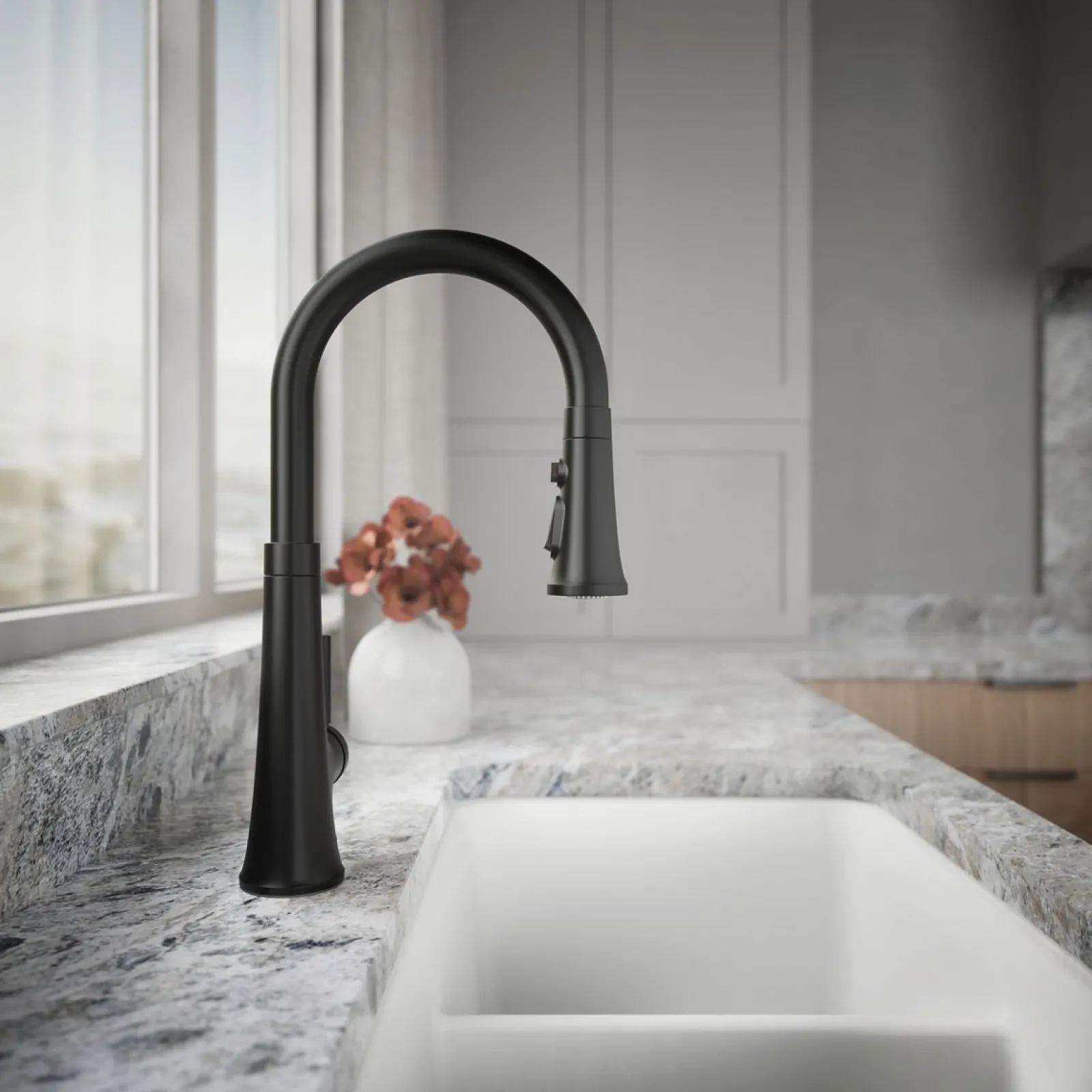 Pull-down kitchen sink faucet with three-function sprayhead^Kohler Hot