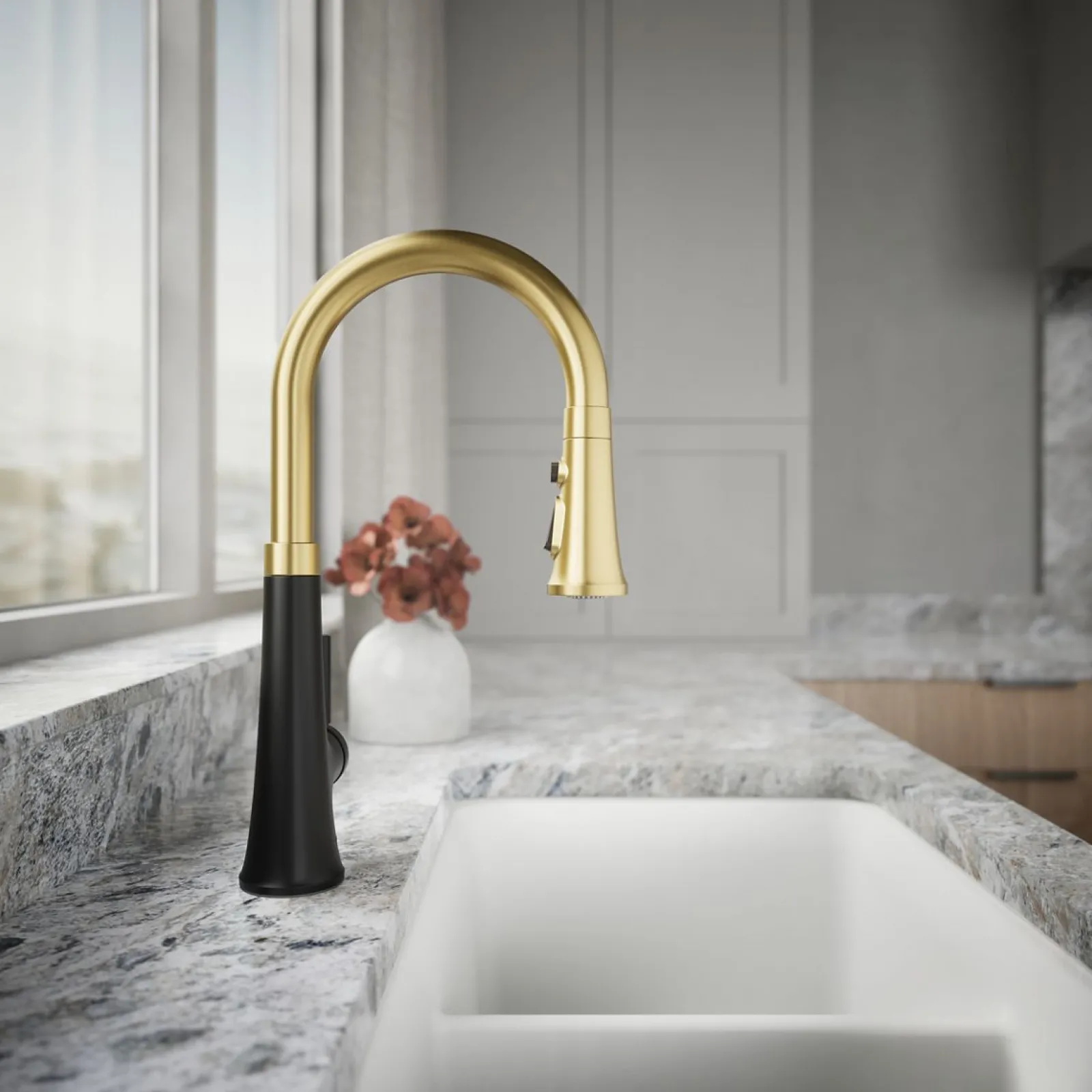 Pull-down kitchen sink faucet with three-function sprayhead^Kohler Hot