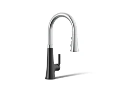 Pull-down kitchen sink faucet with three-function sprayhead^Kohler Hot