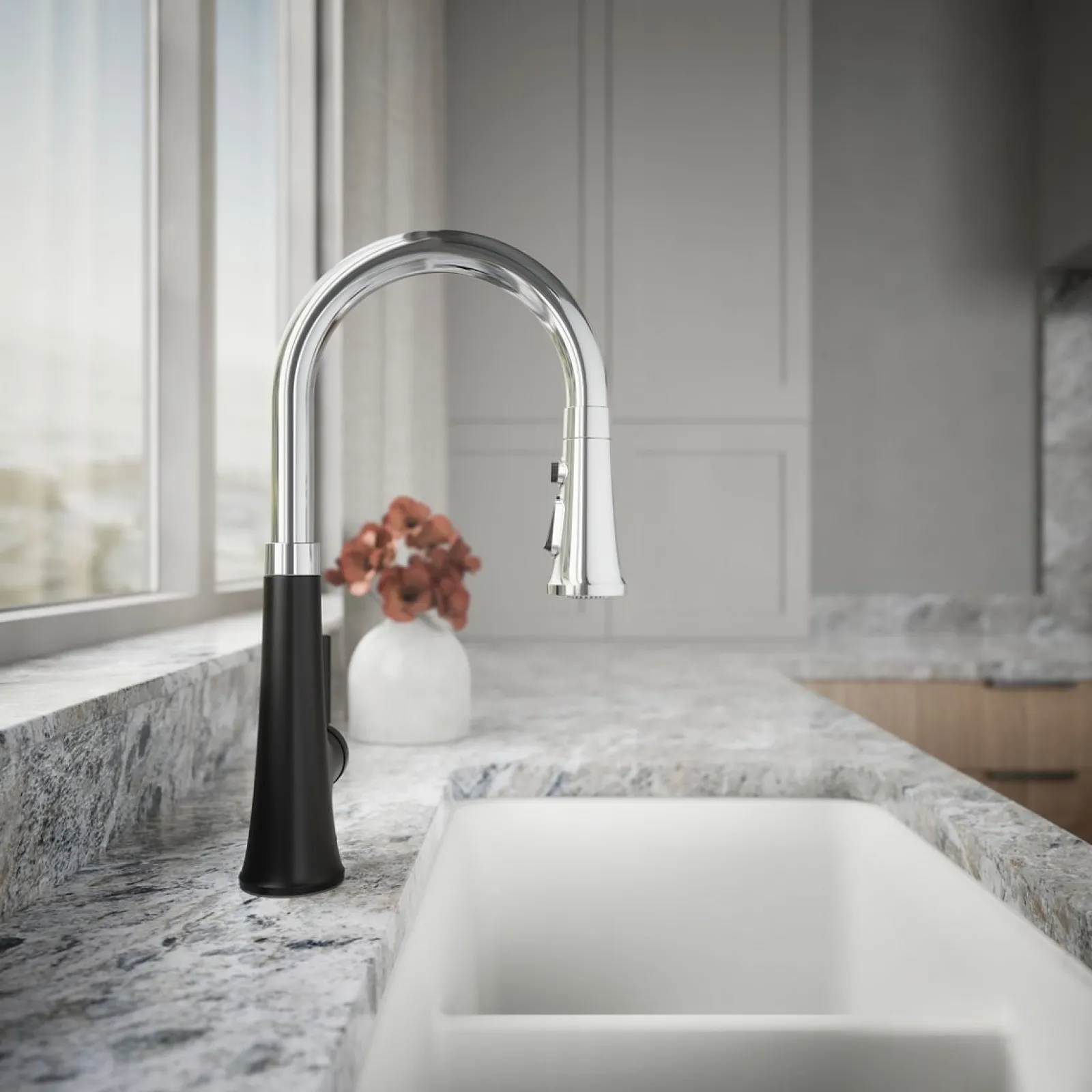 Pull-down kitchen sink faucet with three-function sprayhead^Kohler Hot