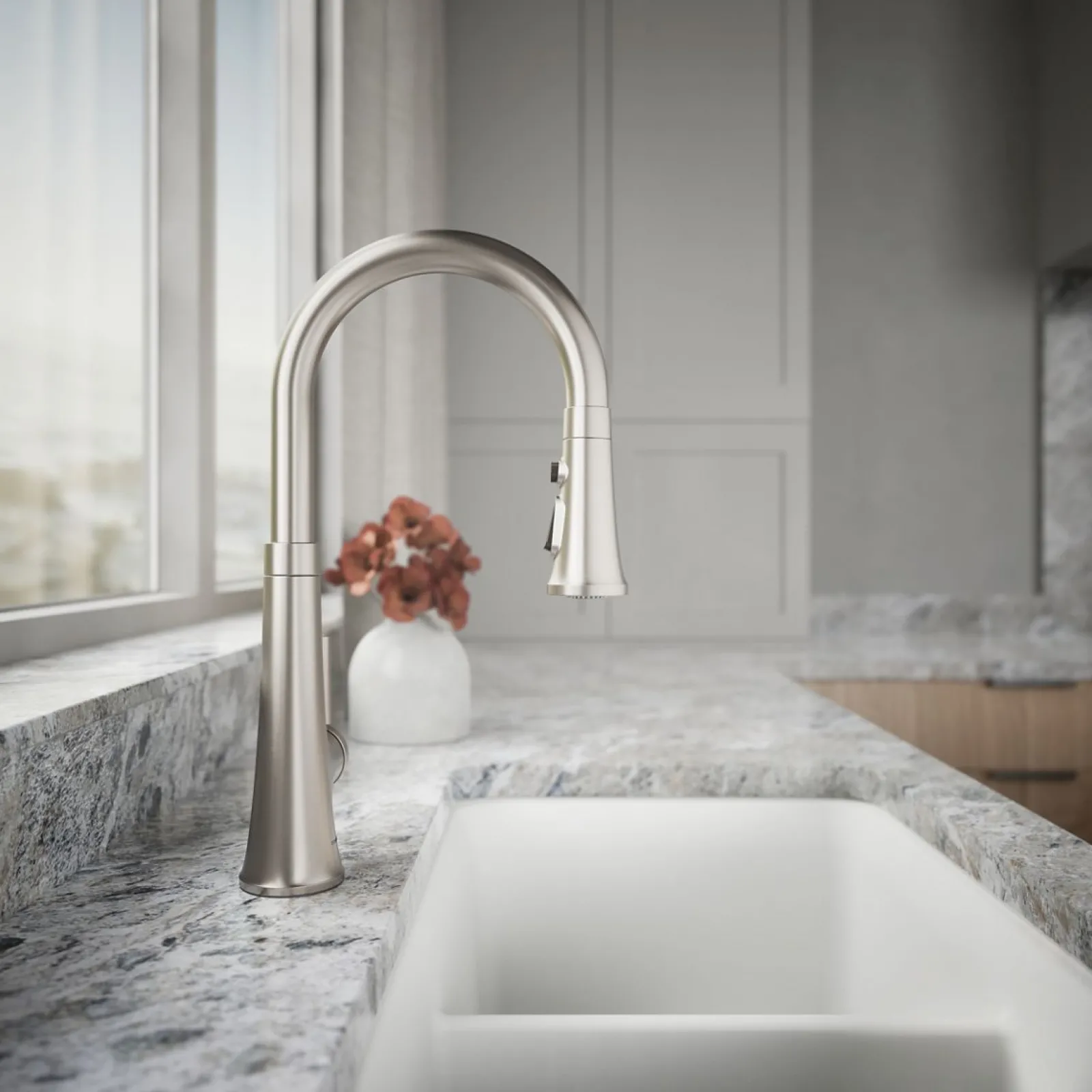 Pull-down kitchen sink faucet with three-function sprayhead^Kohler Hot