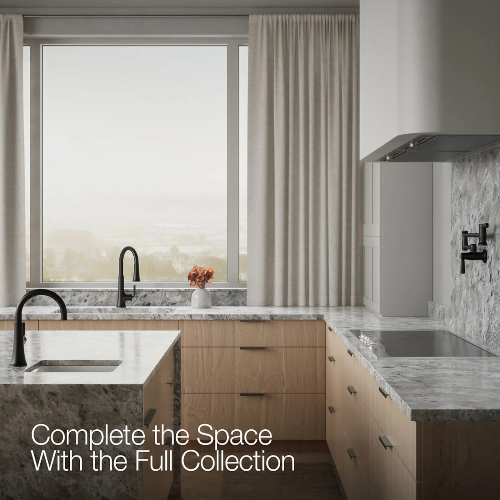 Pull-down kitchen sink faucet with three-function sprayhead^Kohler Hot