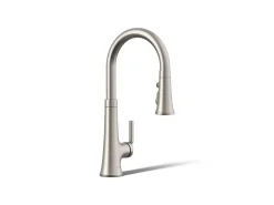 Pull-down kitchen sink faucet with three-function sprayhead^Kohler Hot