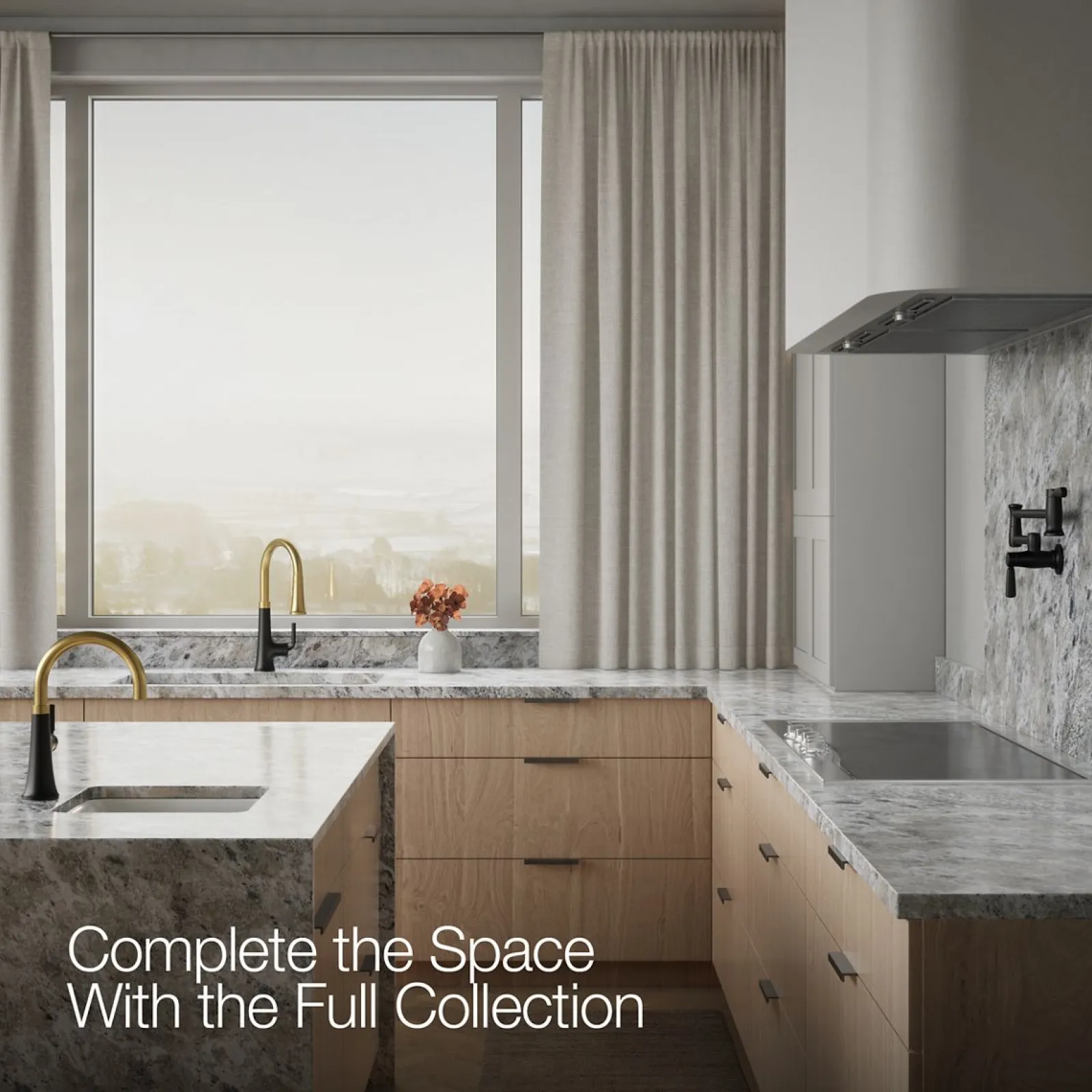 Pull-down kitchen sink faucet with three-function sprayhead^Kohler Hot