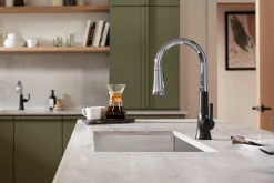 Pull-down kitchen sink faucet with three-function sprayhead^Kohler Hot