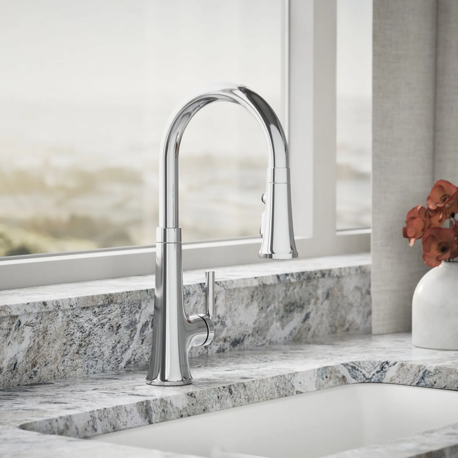 Pull-down kitchen sink faucet with three-function sprayhead^Kohler Hot