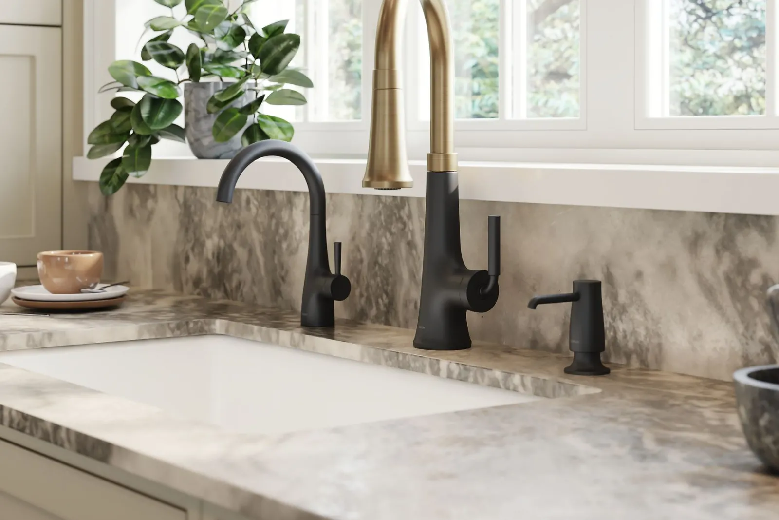 Pull-down kitchen sink faucet with three-function sprayhead^Kohler Hot