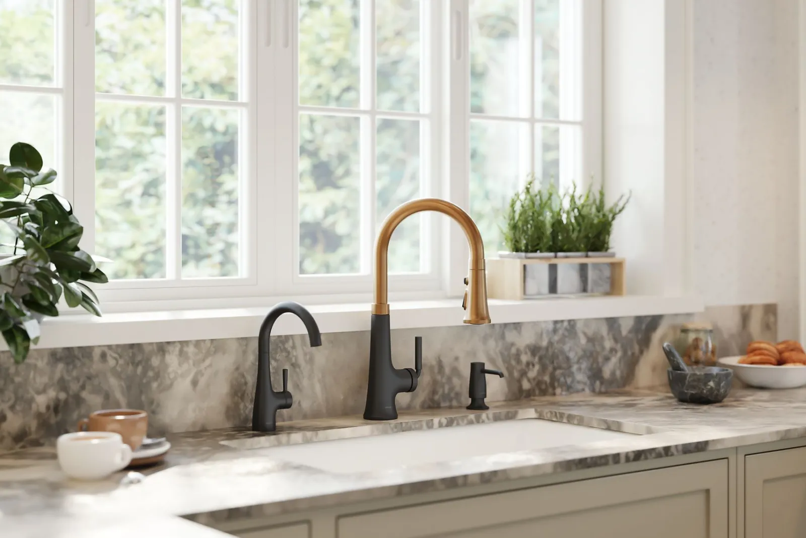 Pull-down kitchen sink faucet with three-function sprayhead^Kohler Hot
