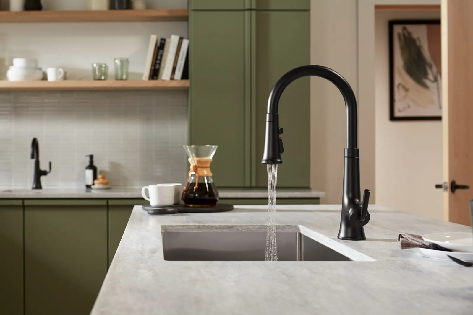 Pull-down kitchen sink faucet with three-function sprayhead^Kohler Hot