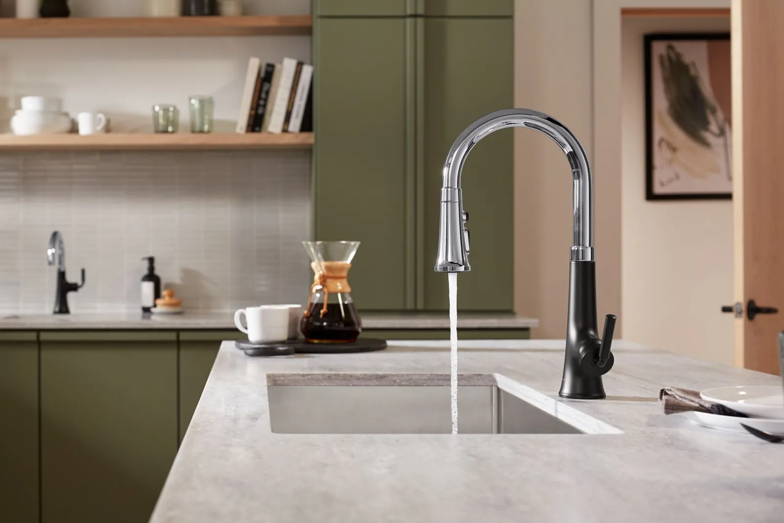 Pull-down kitchen sink faucet with three-function sprayhead^Kohler Hot