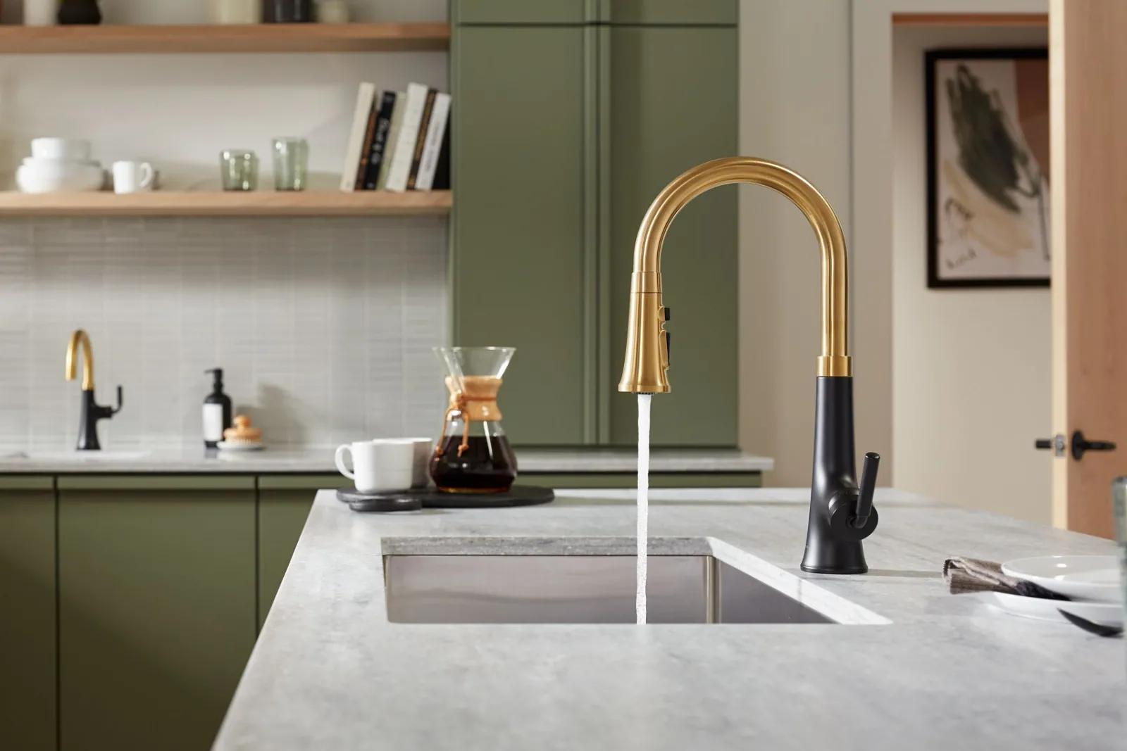 Pull-down kitchen sink faucet with three-function sprayhead^Kohler Hot