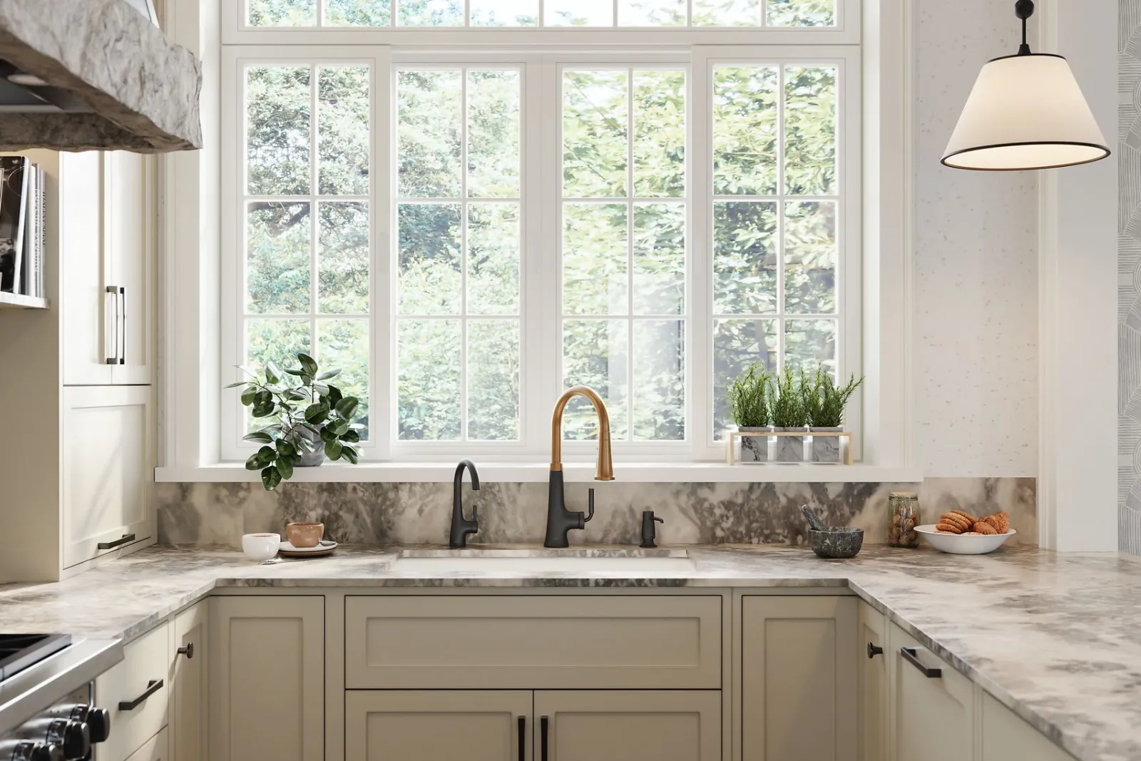 Pull-down kitchen sink faucet with three-function sprayhead^Kohler Hot