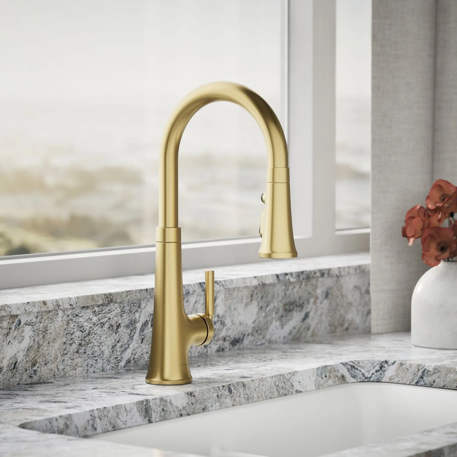 Pull-down kitchen sink faucet with three-function sprayhead^Kohler Hot