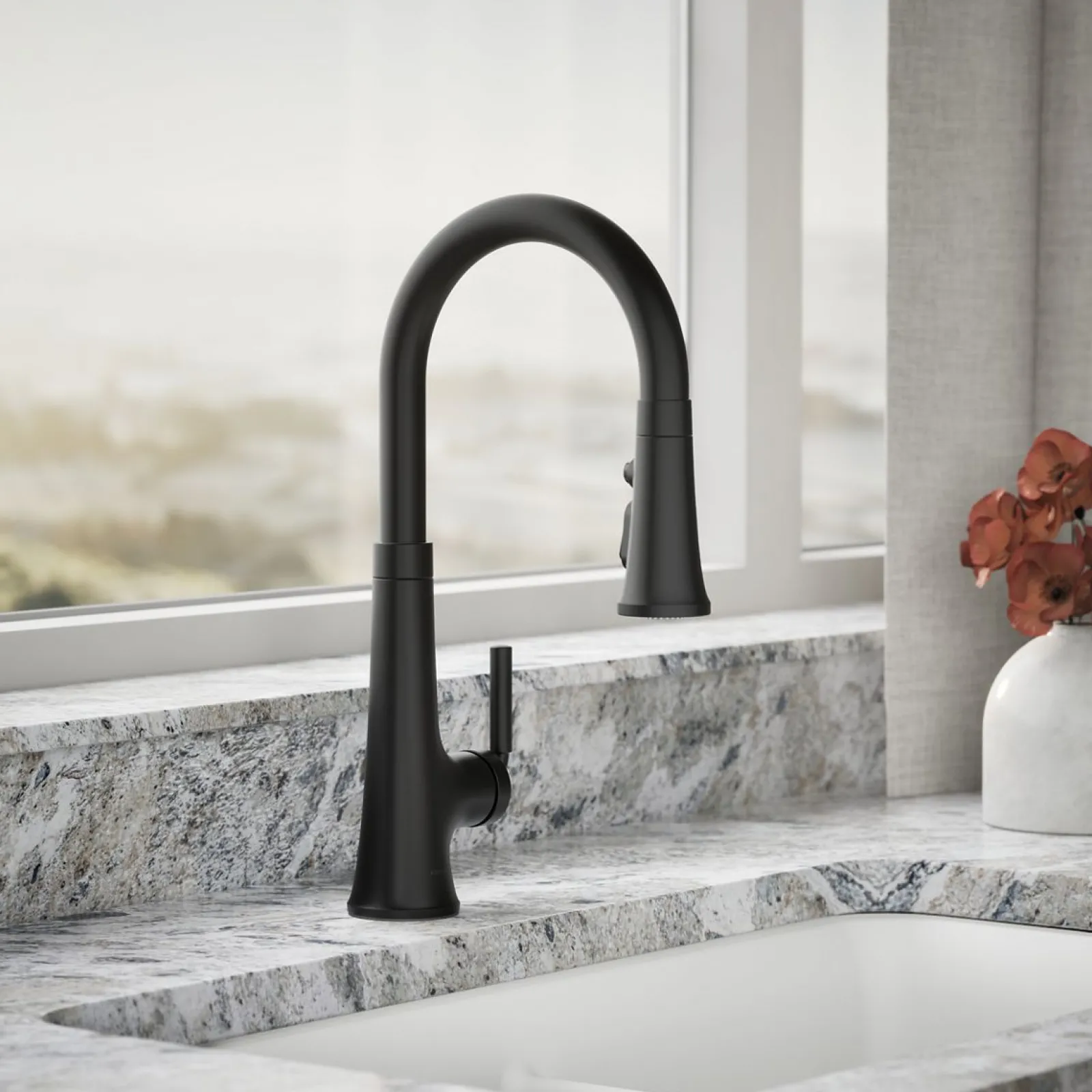 Pull-down kitchen sink faucet with three-function sprayhead^Kohler Hot