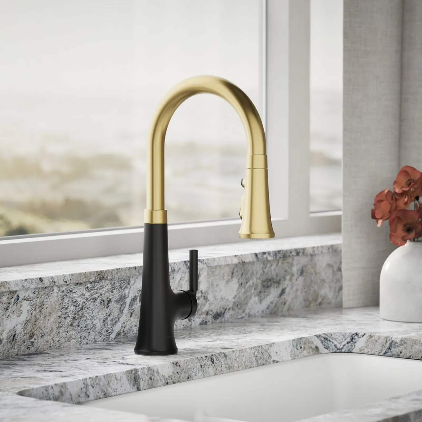 Pull-down kitchen sink faucet with three-function sprayhead^Kohler Hot