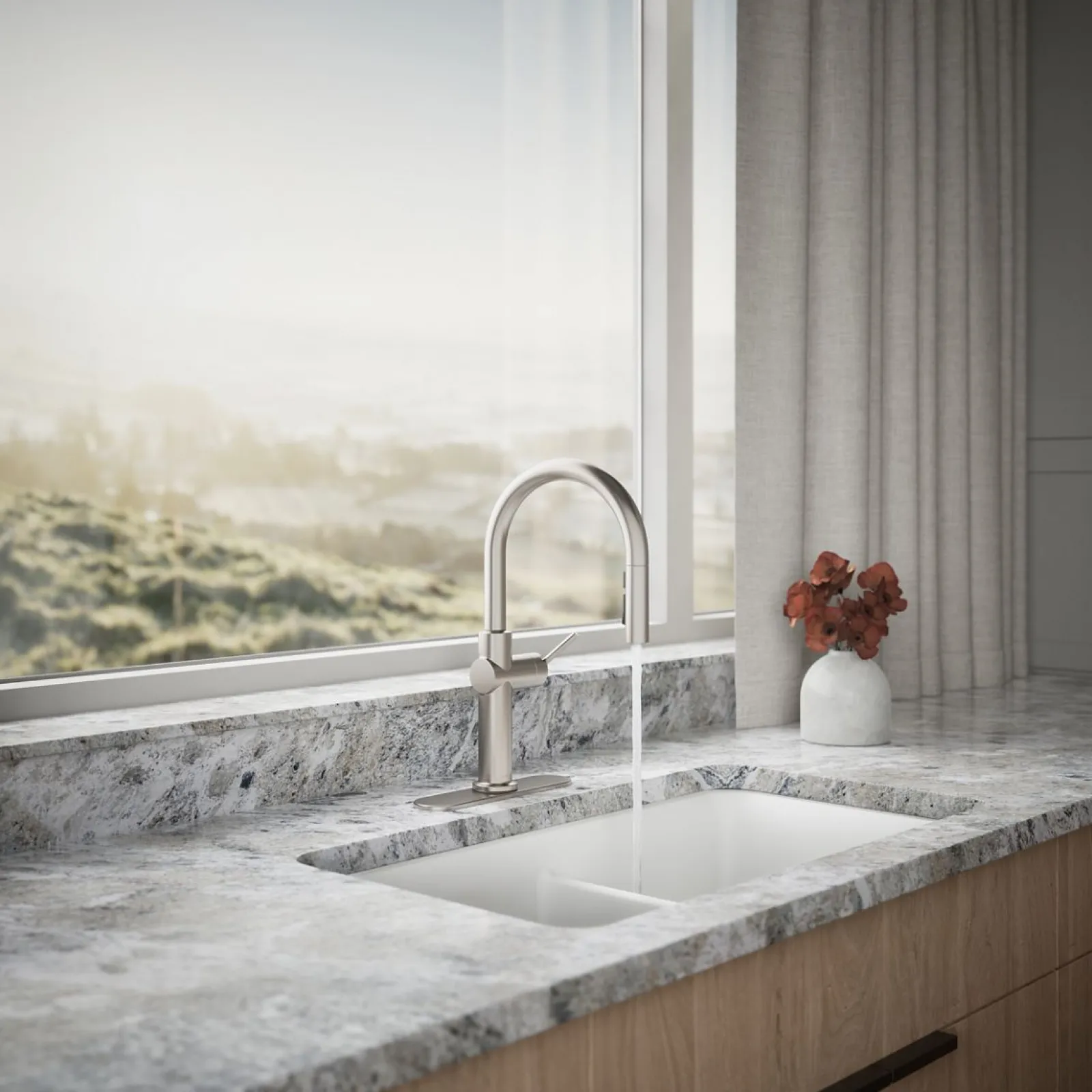 Pull-down kitchen sink faucet with three-function sprayhead^Kohler Discount