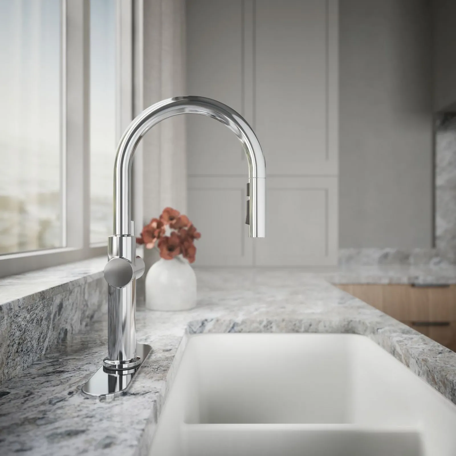 Pull-down kitchen sink faucet with three-function sprayhead^Kohler Discount