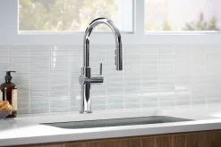 Pull-down kitchen sink faucet with three-function sprayhead^Kohler Discount