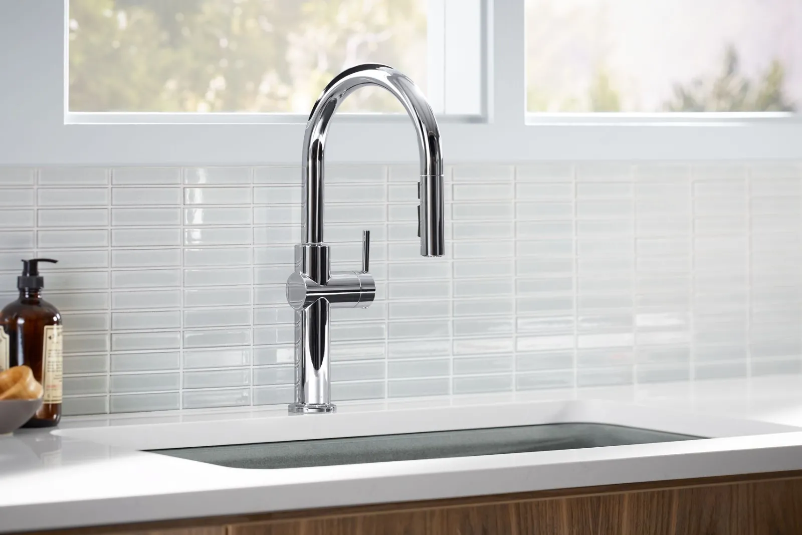Pull-down kitchen sink faucet with three-function sprayhead^Kohler Discount