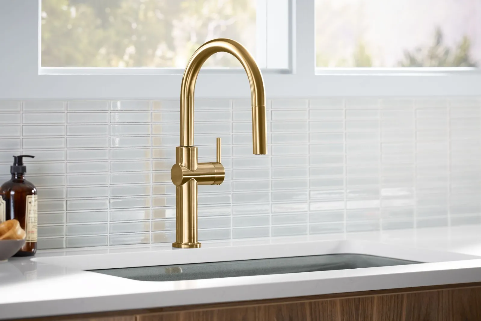 Pull-down kitchen sink faucet with three-function sprayhead^Kohler Discount