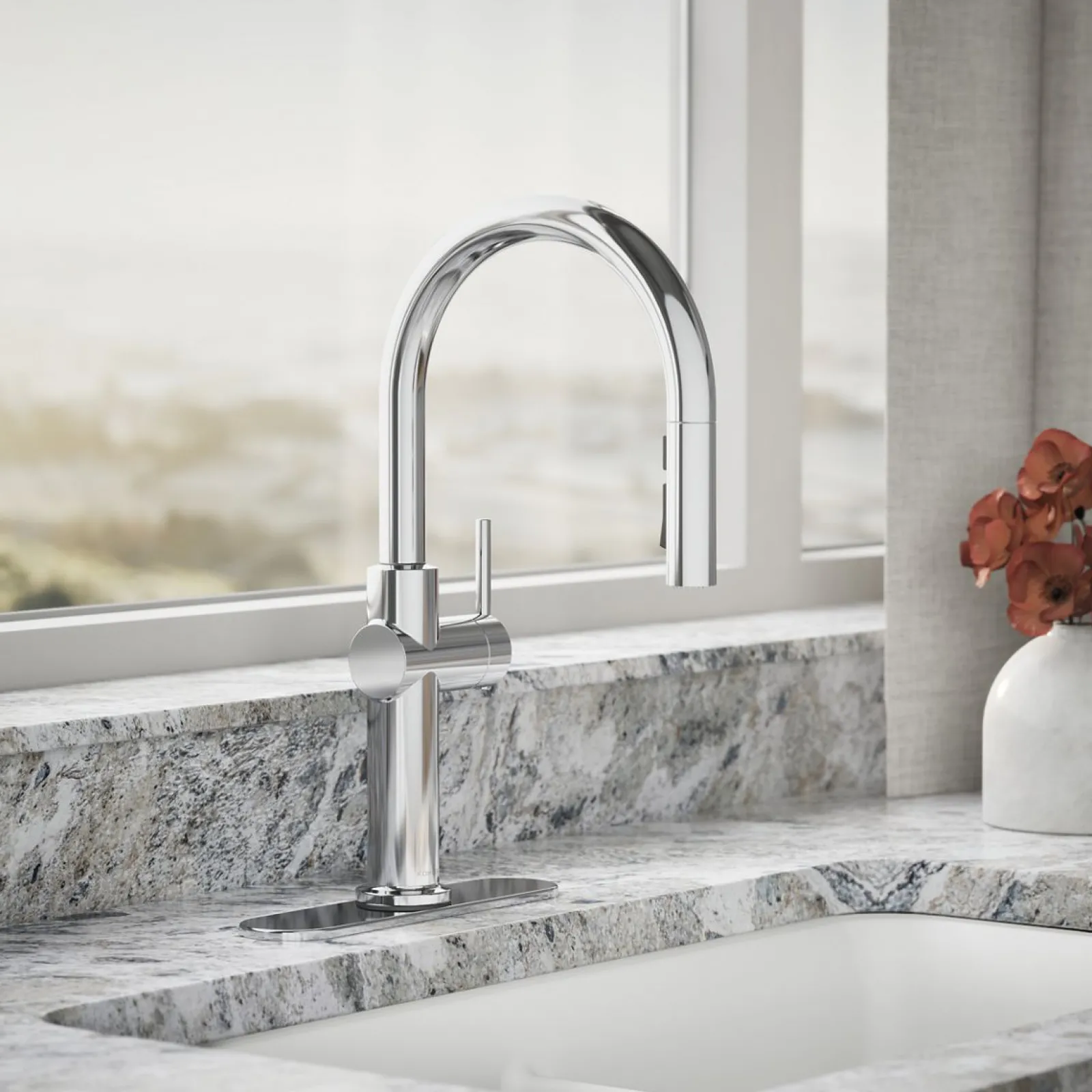 Pull-down kitchen sink faucet with three-function sprayhead^Kohler Discount