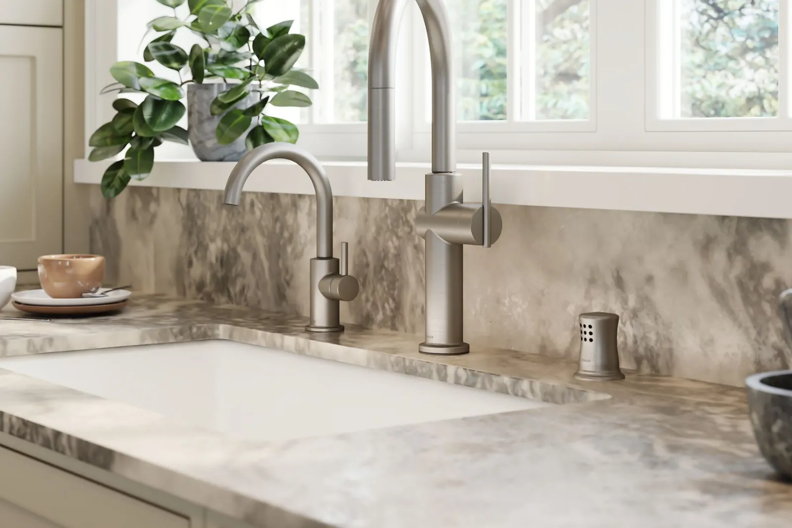 Pull-down kitchen sink faucet with three-function sprayhead^Kohler Discount