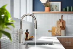 Pull-down kitchen sink faucet with three-function sprayhead^Kohler Discount