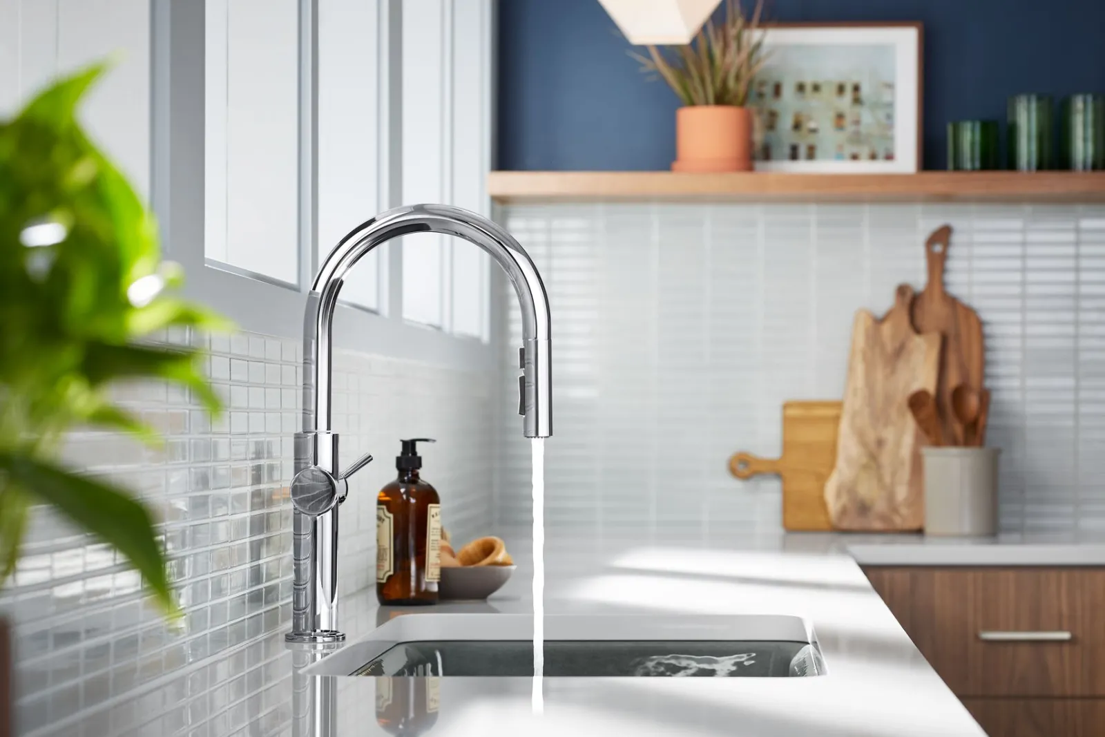 Pull-down kitchen sink faucet with three-function sprayhead^Kohler Discount
