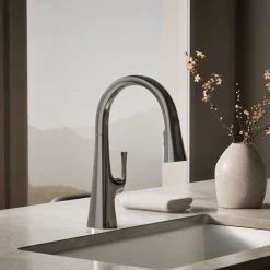 Pull-down kitchen sink faucet with three-function sprayhead^Kohler Outlet