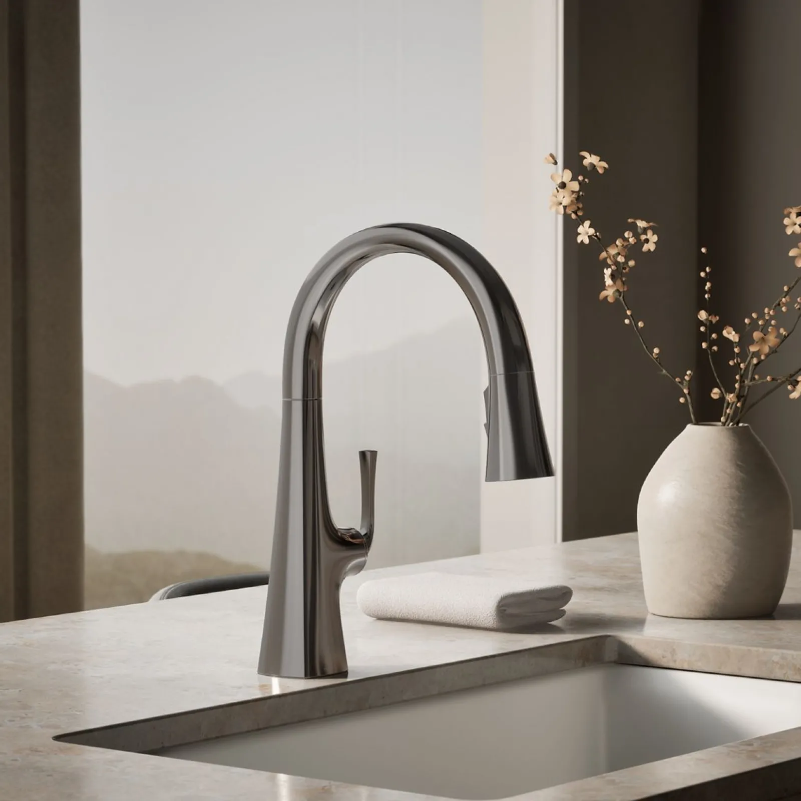 Pull-down kitchen sink faucet with three-function sprayhead^Kohler Outlet