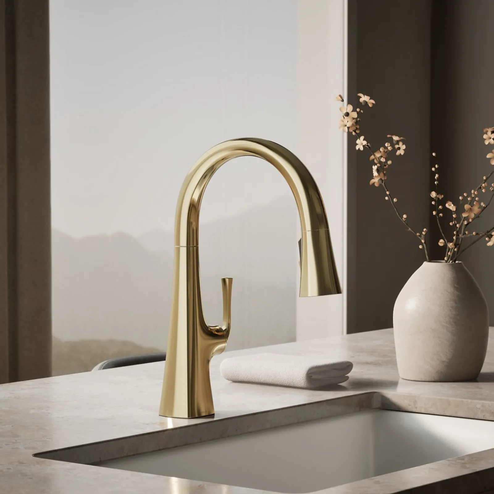 Pull-down kitchen sink faucet with three-function sprayhead^Kohler Outlet