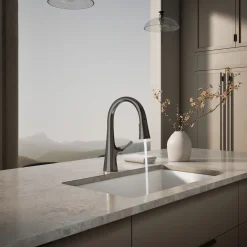 Pull-down kitchen sink faucet with three-function sprayhead^Kohler Outlet