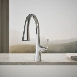 Pull-down kitchen sink faucet with three-function sprayhead^Kohler Outlet