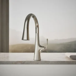 Pull-down kitchen sink faucet with three-function sprayhead^Kohler Outlet