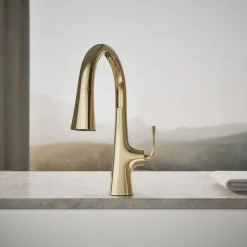 Pull-down kitchen sink faucet with three-function sprayhead^Kohler Outlet