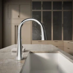 Pull-down kitchen sink faucet with three-function sprayhead^Kohler Outlet