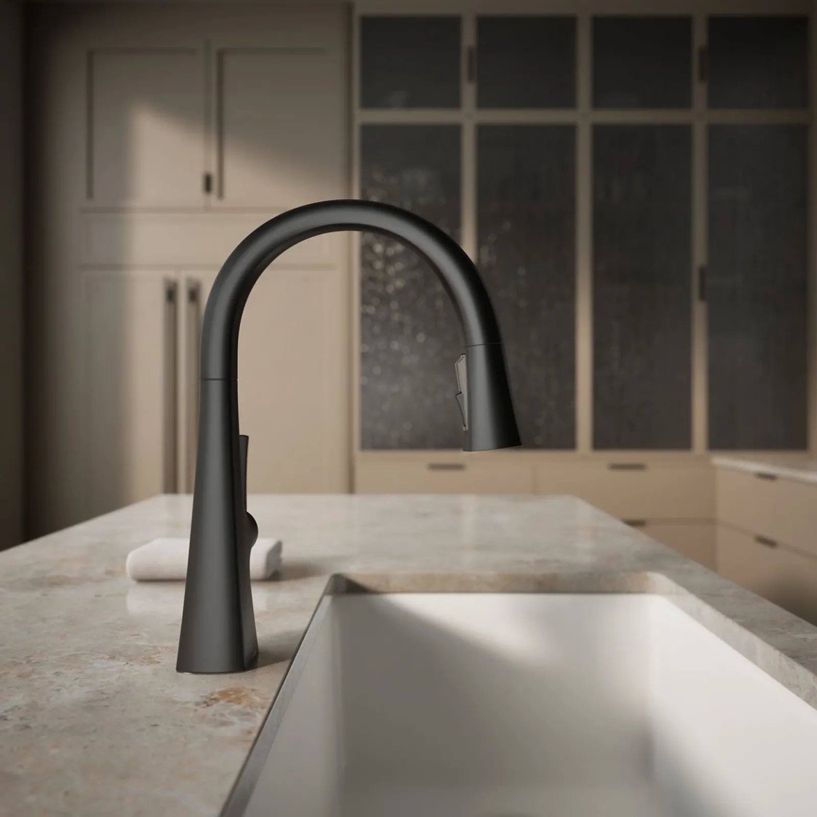 Pull-down kitchen sink faucet with three-function sprayhead^Kohler Outlet