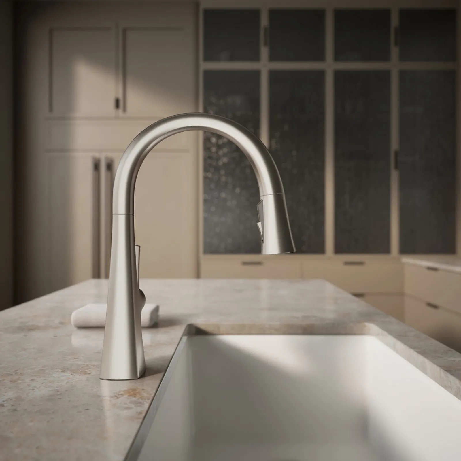 Pull-down kitchen sink faucet with three-function sprayhead^Kohler Outlet