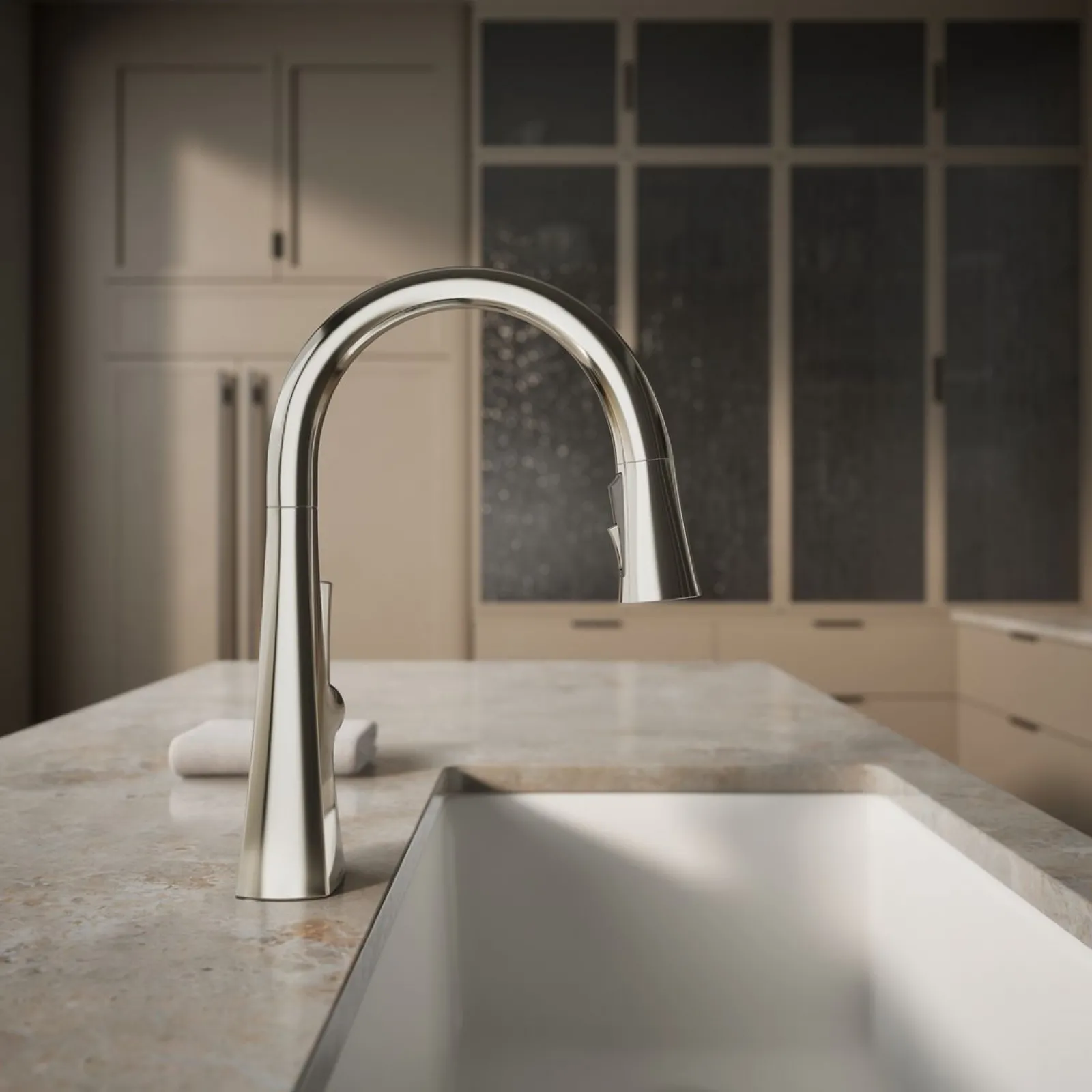 Pull-down kitchen sink faucet with three-function sprayhead^Kohler Outlet
