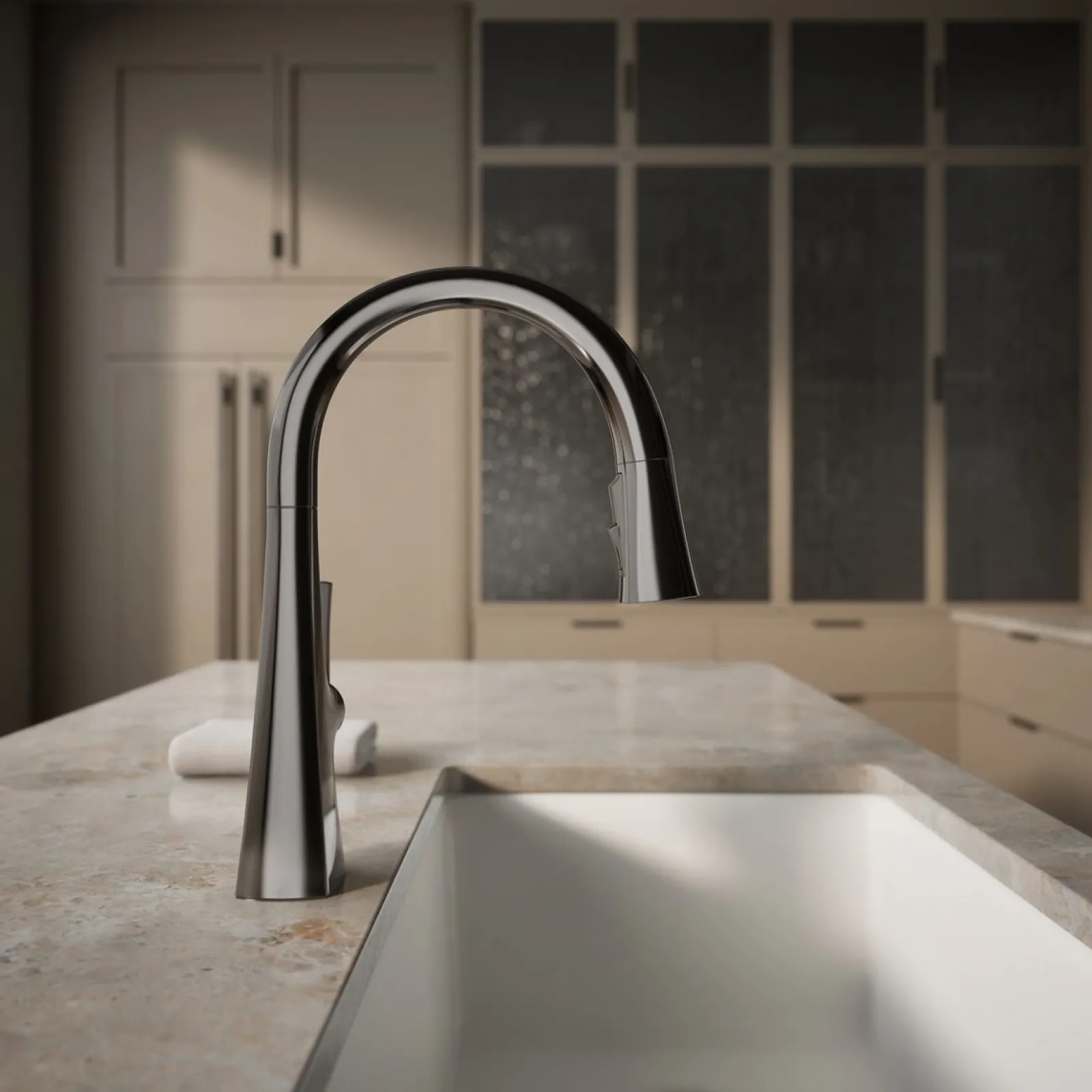 Pull-down kitchen sink faucet with three-function sprayhead^Kohler Outlet