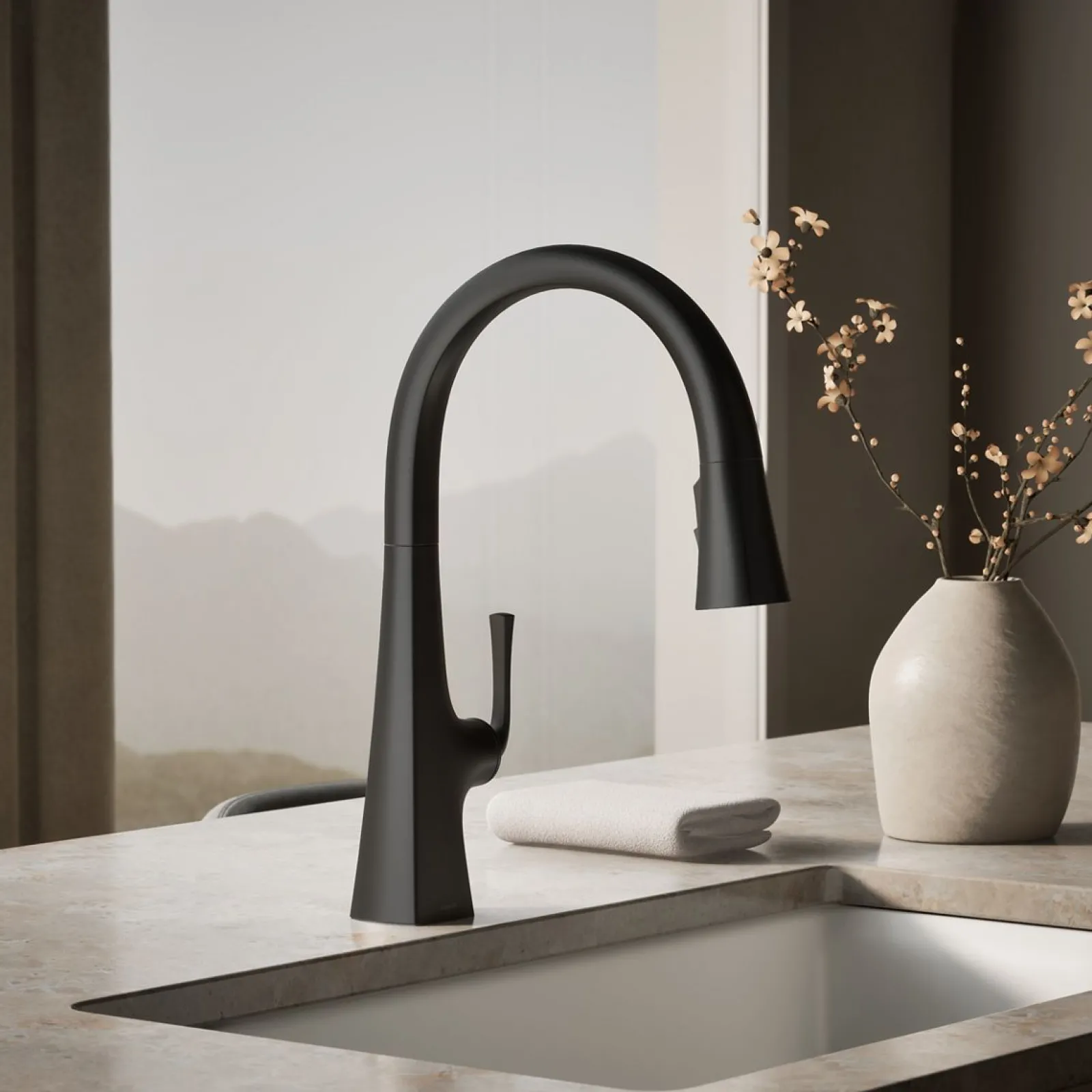 Pull-down kitchen sink faucet with three-function sprayhead^Kohler Discount